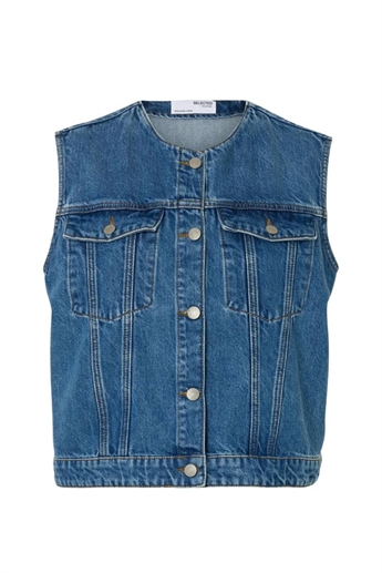 Cropped Denim Vest, Blue